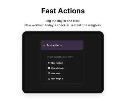 Fast Actions in Framewise Vitality on a tablet: New workout, today's check-in, a meal or a weigh-in