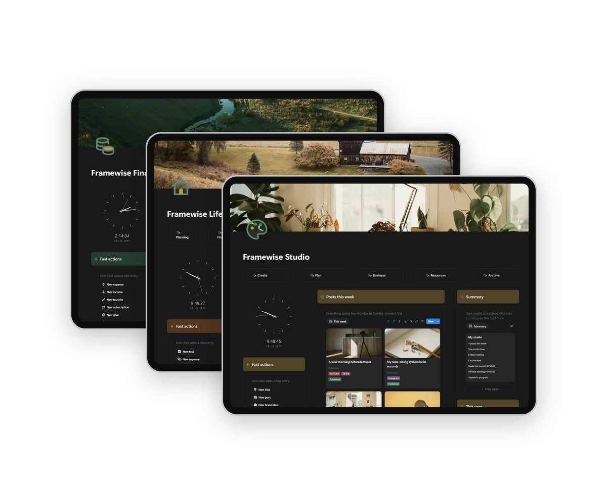 Framewise Creator Bundle: Studio, Life and Finance Notion templates on tablets