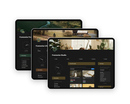 Framewise Creator Bundle: Studio, Life and Finance Notion templates on tablets