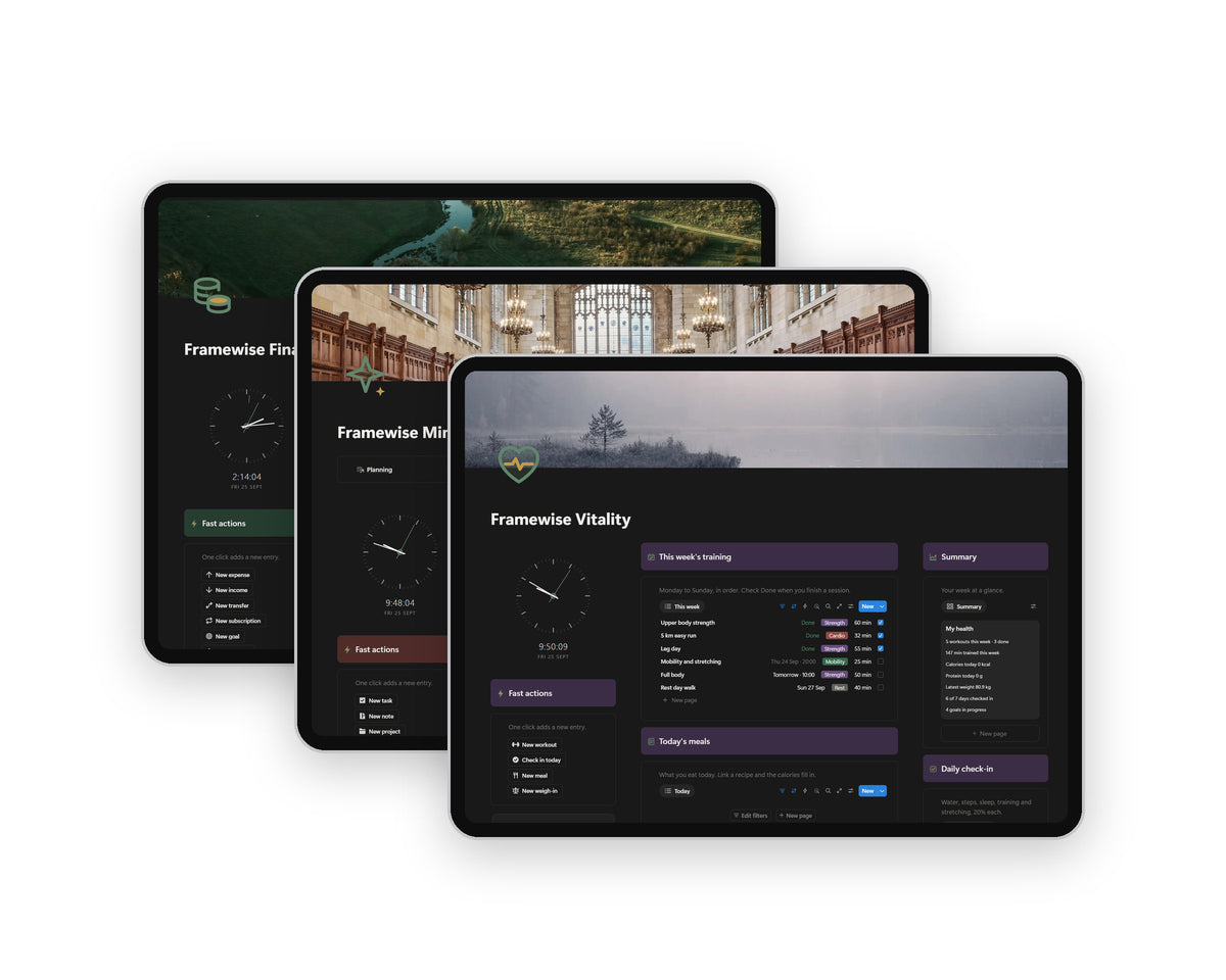 Framewise Standard Bundle: Finance, Mind and Vitality Notion templates on tablets