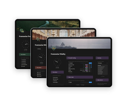 Framewise Standard Bundle: Finance, Mind and Vitality Notion templates on tablets