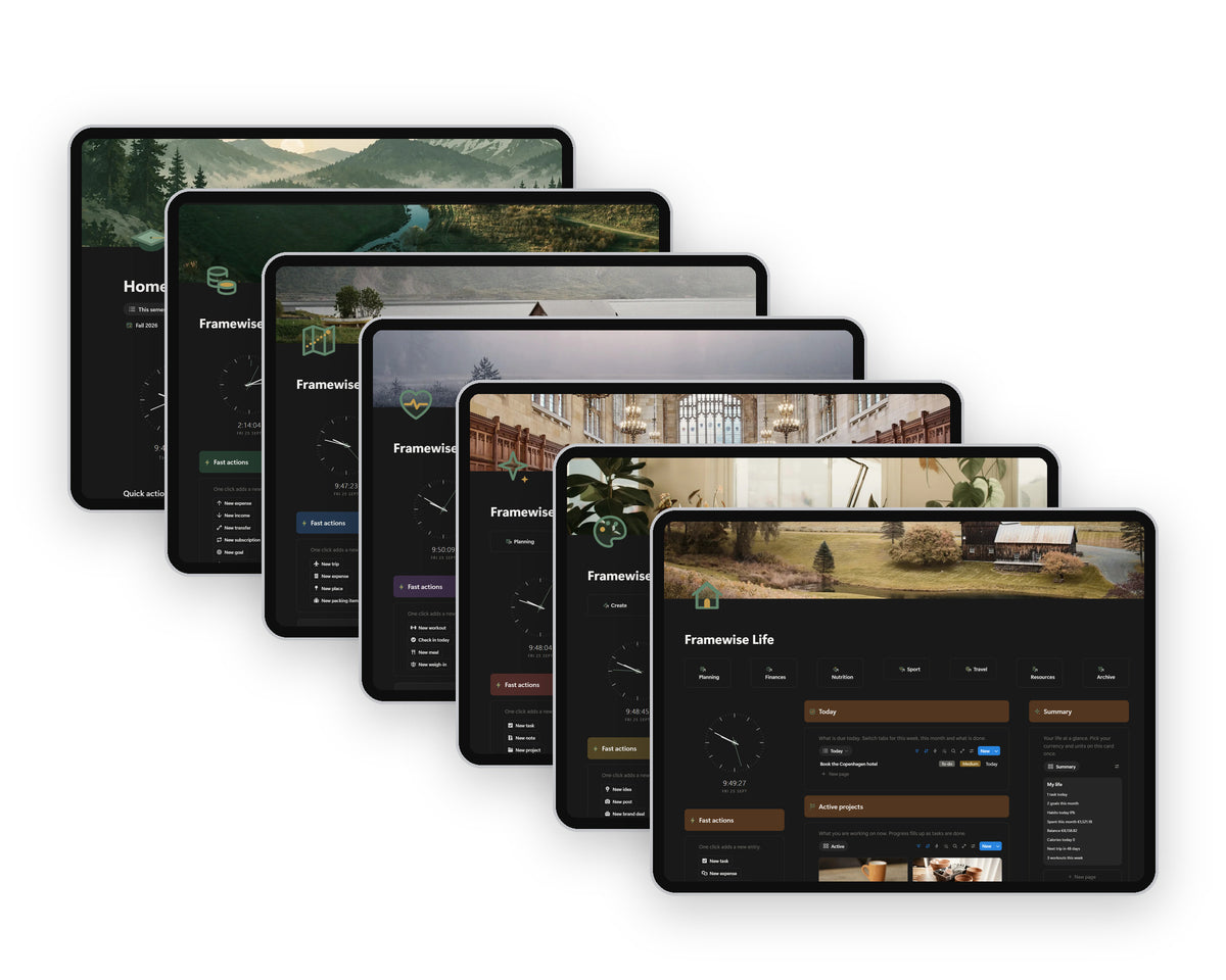 Framewise Ultimate Bundle: all seven Notion templates on tablets, each showing its Home page