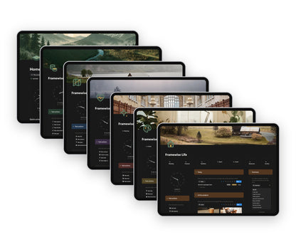 Framewise Ultimate Bundle: all seven Notion templates on tablets, each showing its Home page
